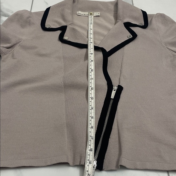 Karen Millen Knit Sweater Jacket Black Trim Asymmetrical Zipper V Neck Collar - Picture 13 of 14